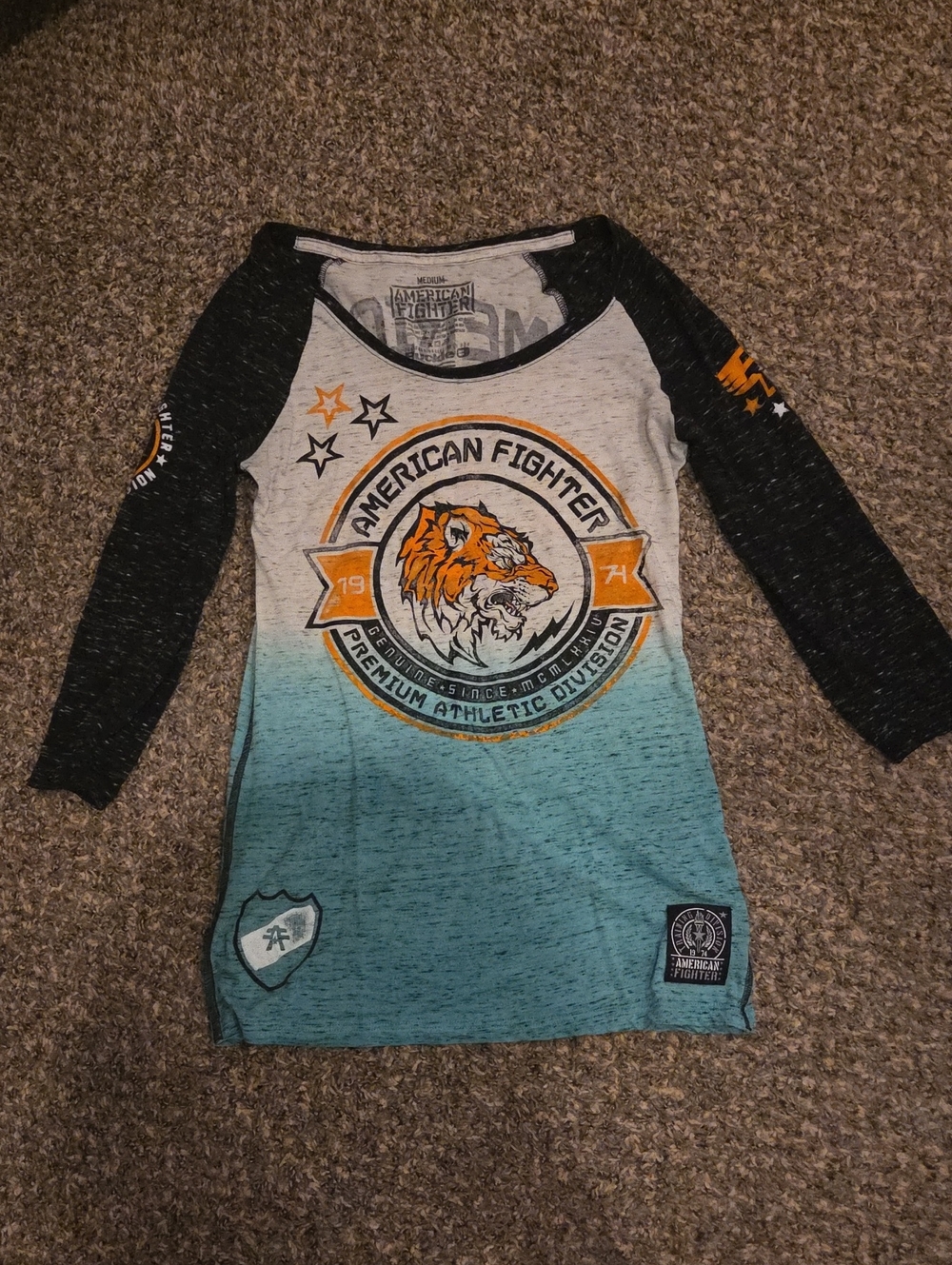 American Fighter Teal Ombre Tiger Raglan Top with Black Sleeves